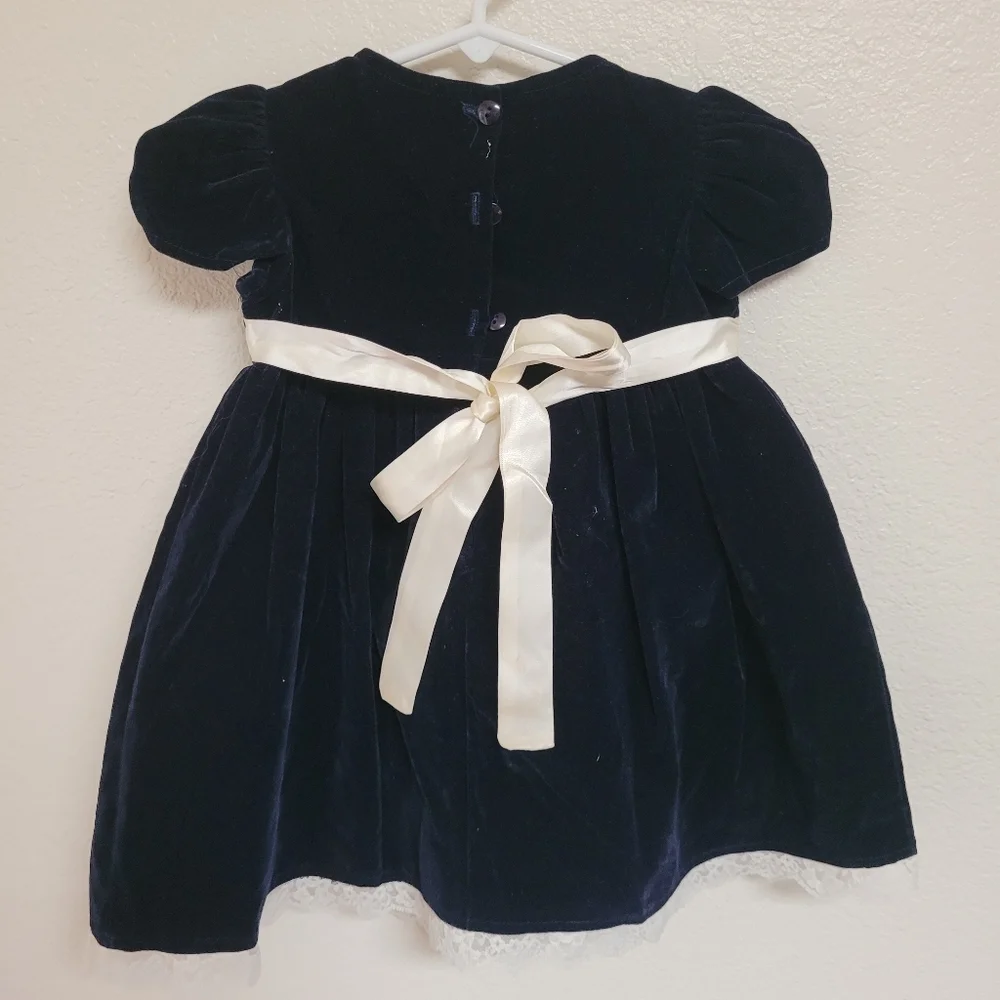 Vintage Jenny Annie Dots Navy Velvet Baby Dress with White Accents